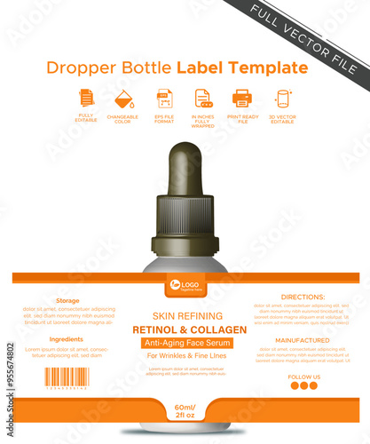 Retinol and Collagen Face Serum 3d Bottle Label Vector Template