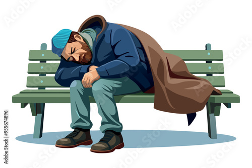 Sad homeless man is sleeping on a bench, wrapped in a brown blanket