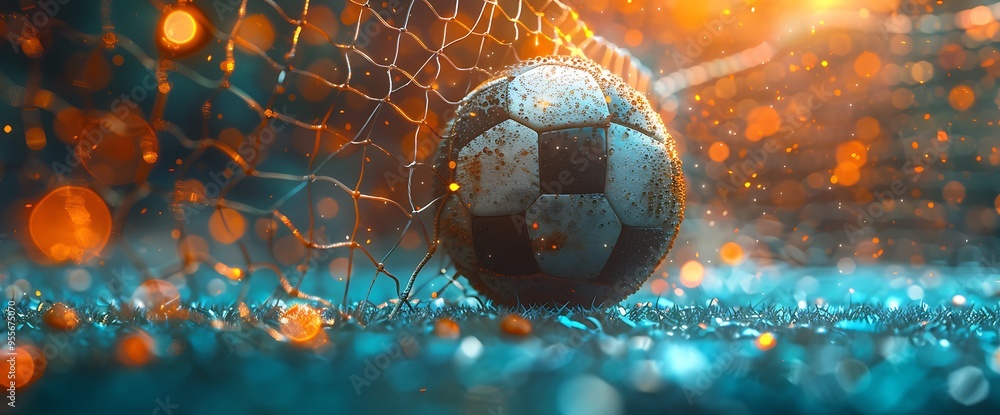 Fototapeta premium A close-up shot of a soccer ball in a net with a bright orange and blue bokeh background.