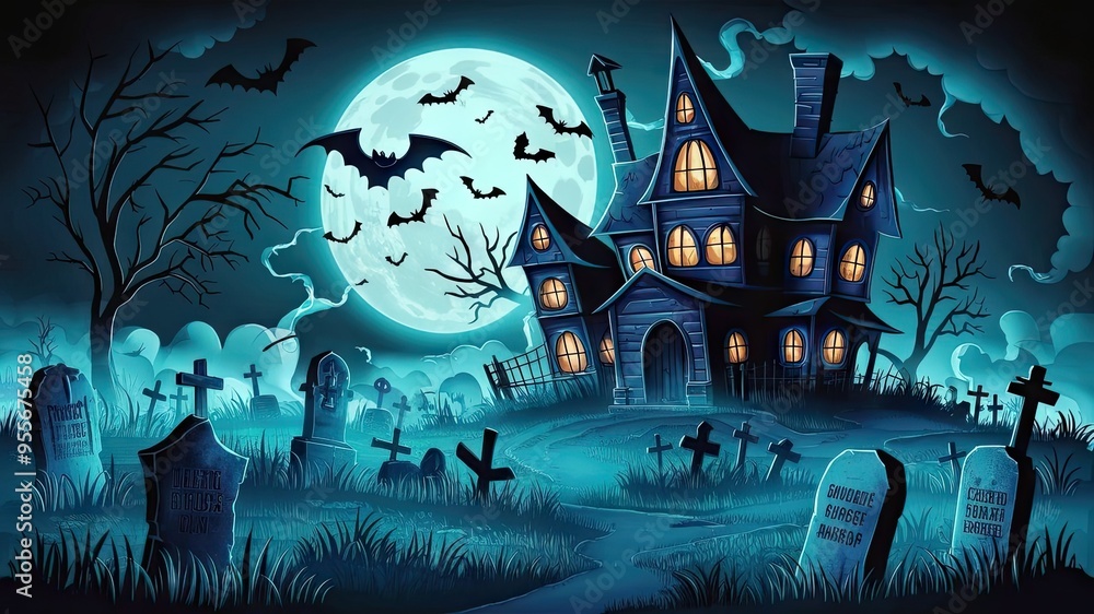A haunting illustration of a spooky graveyard and gothic mansion at night. Bats fly under a creepy moon, casting an eerie glow on the menacing, haunted house with its glowing windows A haunting illustration of a spooky graveyard and gothic mansion at night. Bats fly under a creepy moon, casting an eerie glow on the menacing, haunted house with its glowing windows