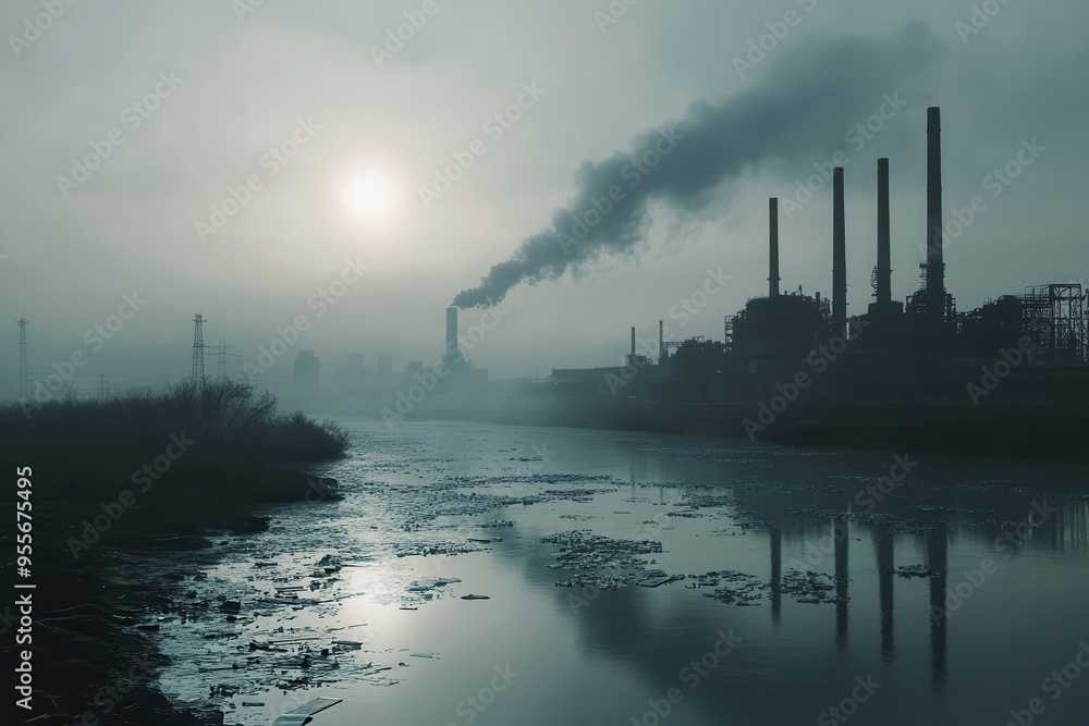Smog envelops a city skyline as factories emit smoke, while a river choked with plastic reflects fading light. Generative AI Smog envelops a city skyline as factories emit smoke, while a river choked with plastic reflects fading light. Generative AI