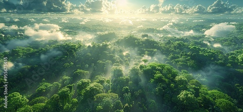 Aerial View of a Lush Rainforest with Sunlight Breaking Through the Clouds