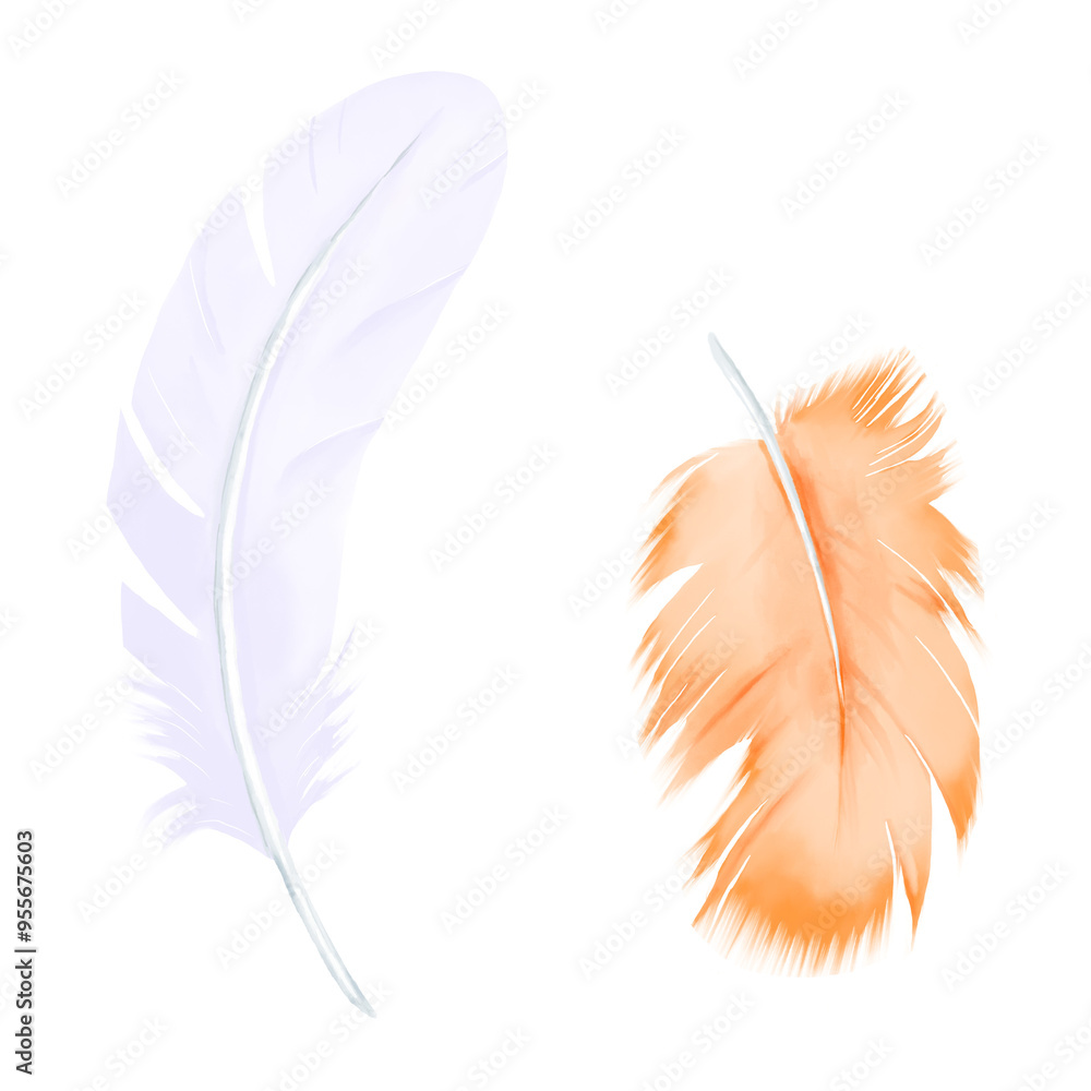 Feathers Set in Pale Lilac, Violet and Orange colors. Hand drawn Watercolor illustration isolated on a white background. Vintage Boho Design elements for decoration, cards and textile prints. Feathers Set in Pale Lilac, Violet and Orange colors. Hand drawn Watercolor illustration isolated on a white background. Vintage Boho Design elements for decoration, cards and textile prints.