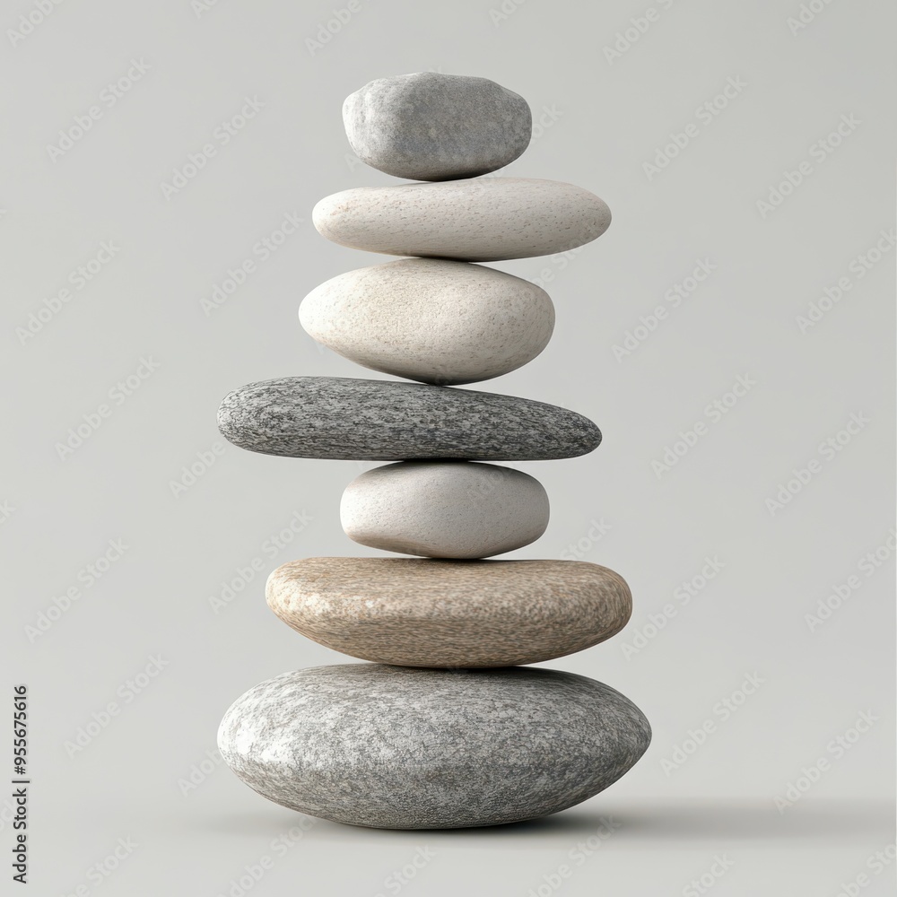 Delicate stone tower balancing on smooth rocks in a serene setting Delicate stone tower balancing on smooth rocks in a serene setting