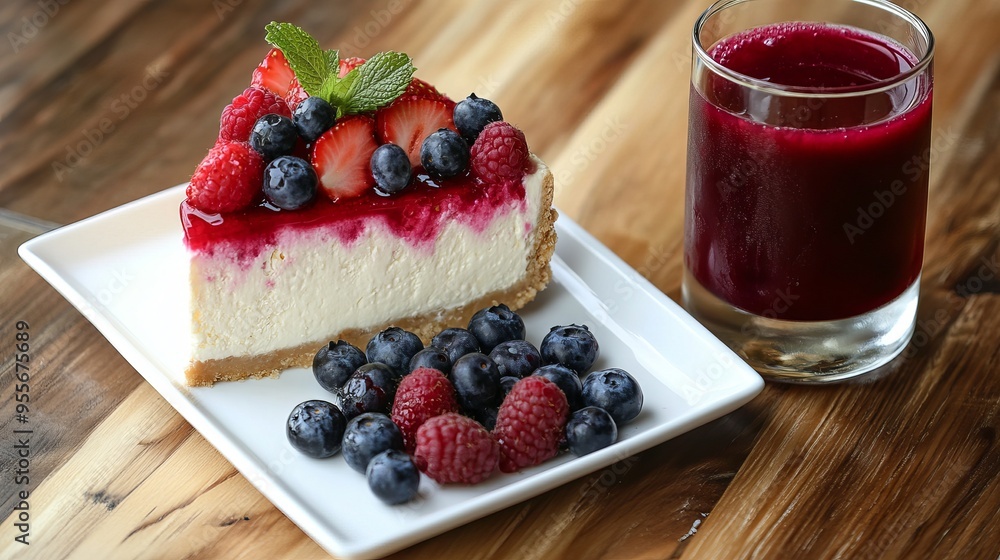 Cheesecake with blueberries and juice Cheesecake with blueberries and juice