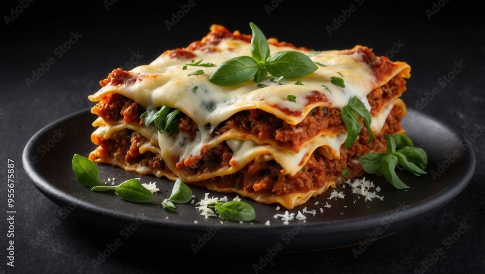 A plate of lasagna with cheese and basil on top A plate of lasagna with cheese and basil on top