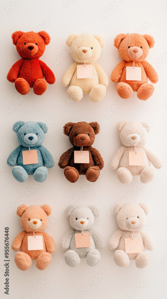 Fototapeta premium A collection of adorable plush teddy bears in various colors for children's rooms and decorations.