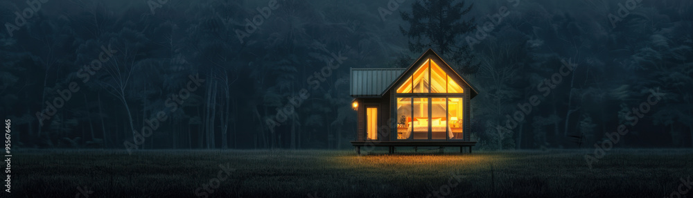 A cozy cabin illuminated at night, surrounded by a tranquil forest, perfect for evoking warmth and solitude in your project. A cozy cabin illuminated at night, surrounded by a tranquil forest, perfect for evoking warmth and solitude in your project.