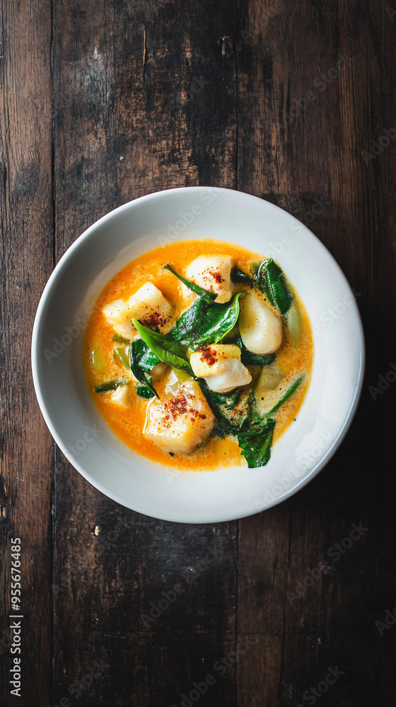 Delicious and aromatic fish curry with coconut milk and spinach is served in a white bowl on a rustic wooden table Delicious and aromatic fish curry with coconut milk and spinach is served in a white bowl on a rustic wooden table