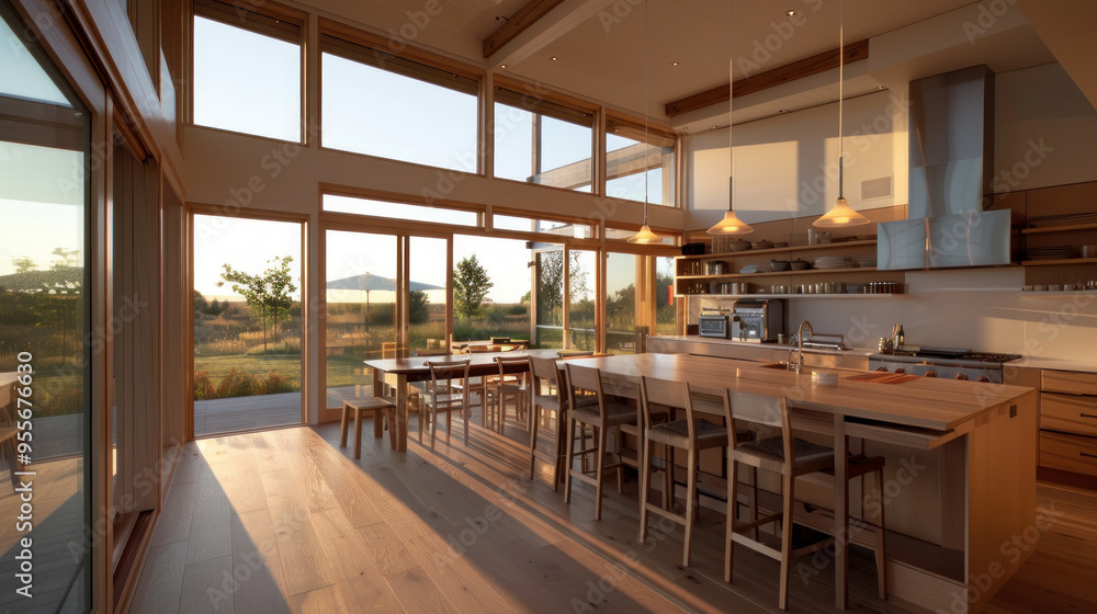 A modern kitchen featuring large windows, wooden surfaces, and spacious dining area. Perfect for interior design inspiration. A modern kitchen featuring large windows, wooden surfaces, and spacious dining area. Perfect for interior design inspiration.
