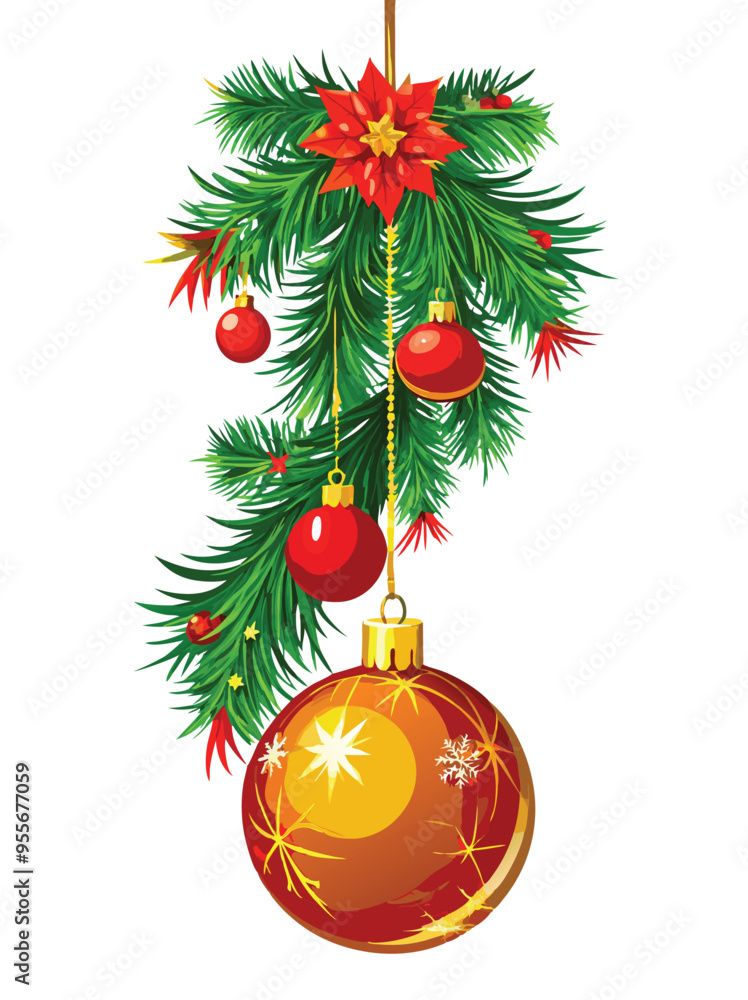 Obraz premium Elegant Christmas Decoration Vector with Christmas Tree Branches and Red Ornaments Hanging from Gold Ball, Isolated on White Background, Perfect for Holiday Designs, Seasonal Cards, and Festive Graphi