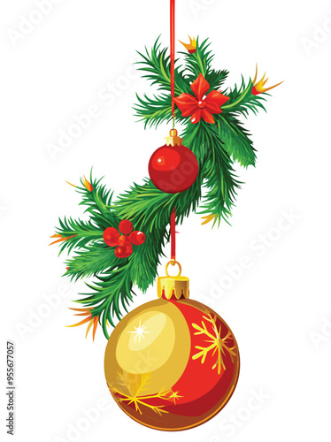 Elegant Christmas Decoration Vector with Christmas Tree Branches and Red Ornaments Hanging from Gold Ball, Isolated on White Background, Perfect for Holiday Designs, Seasonal Cards, and Festive Graphi