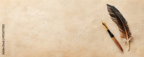 Elegant vintage background featuring a feather and pen on parchment, ideal for writing or creative inspiration. photo