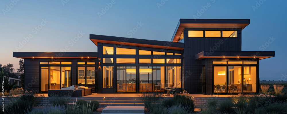 Modern architecture showcases a stylish home with large windows, beautiful lighting, and an inviting outdoor space at dusk. Modern architecture showcases a stylish home with large windows, beautiful lighting, and an inviting outdoor space at dusk.