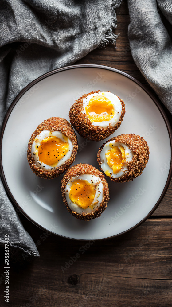 Four hard boiled eggs cut in half, breaded, and baked are presented on a plate on a wooden table Four hard boiled eggs cut in half, breaded, and baked are presented on a plate on a wooden table