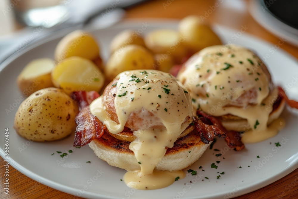 Classic Eggs Benedict with Bacon and Potatoes. Generative AI. Classic Eggs Benedict with Bacon and Potatoes. Generative AI.