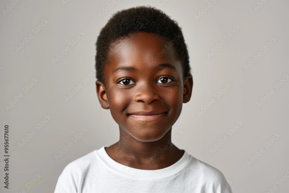 Happy African American schoolboy in white t shirt smiling at camera. Happy African American schoolboy in white t shirt smiling at camera.