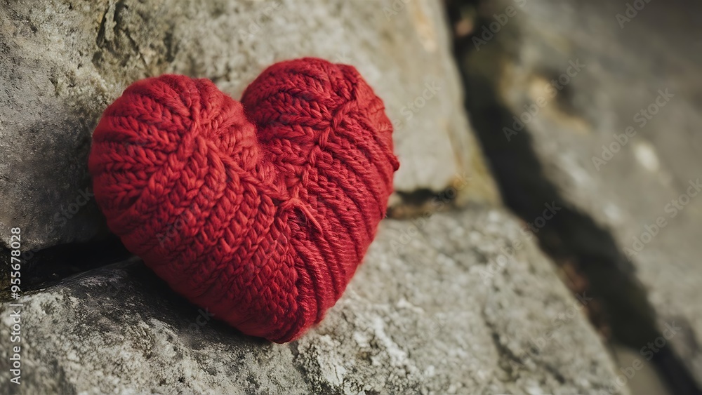 Hand made crochet knit red heart shape on stone background Hand made crochet knit red heart shape on stone background