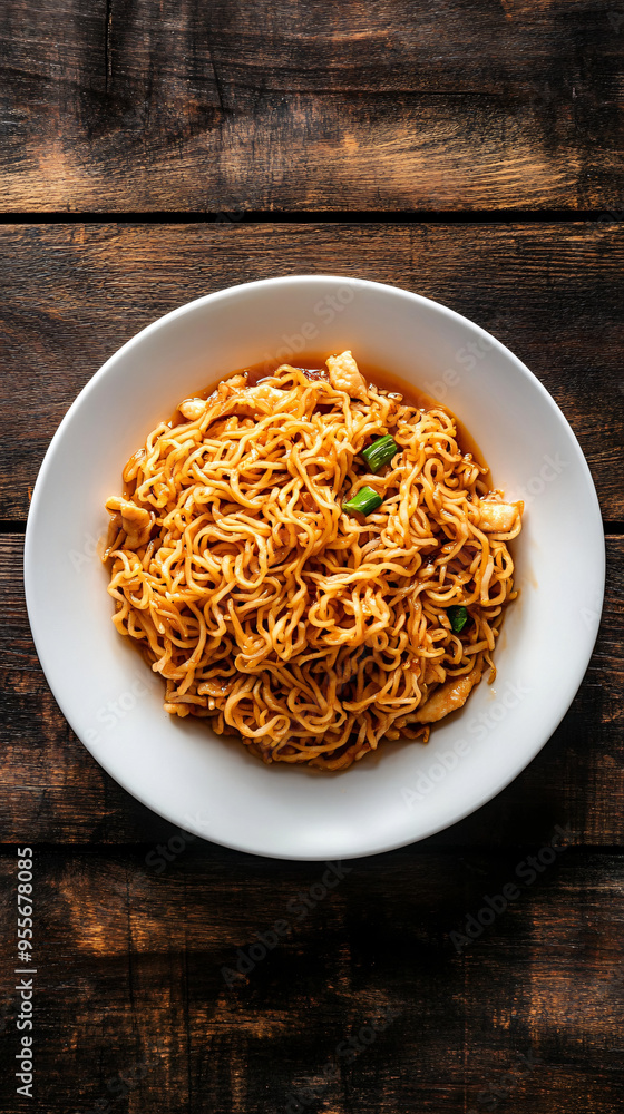 Comforting bowl of chicken noodle soup is beautifully served on a rustic wooden table, evoking a sense of warmth and coziness Comforting bowl of chicken noodle soup is beautifully served on a rustic wooden table, evoking a sense of warmth and coziness
