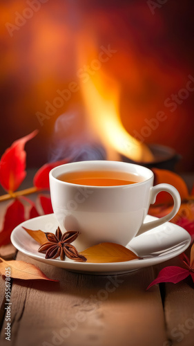  steaming cup of tea in a white teacup on a saucer, surrounded by autumn leaves and star anise, with a warm candlelight ambiance in the background. Perfect cozy autumn scene