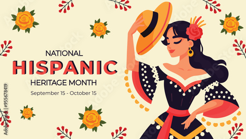 National Hispanic Heritage Month illustration with dancing woman and flowers