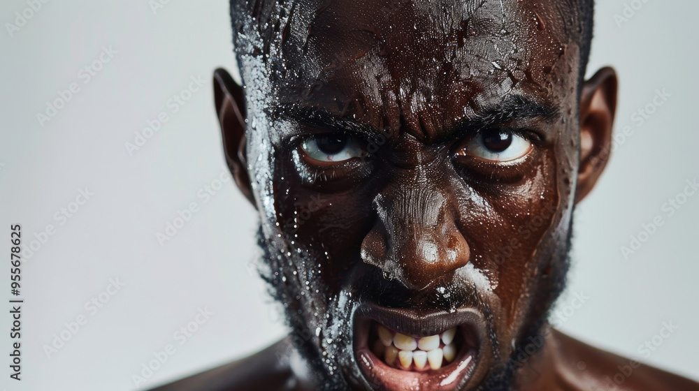 A man displays fierce determination and intensity with sweat dripping from his brow during a vigorous exercise routine A man displays fierce determination and intensity with sweat dripping from his brow during a vigorous exercise routine