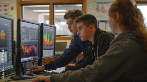 Three students collaborate on data analysis tasks, focused intently on multiple computer screens in an active classroom environment