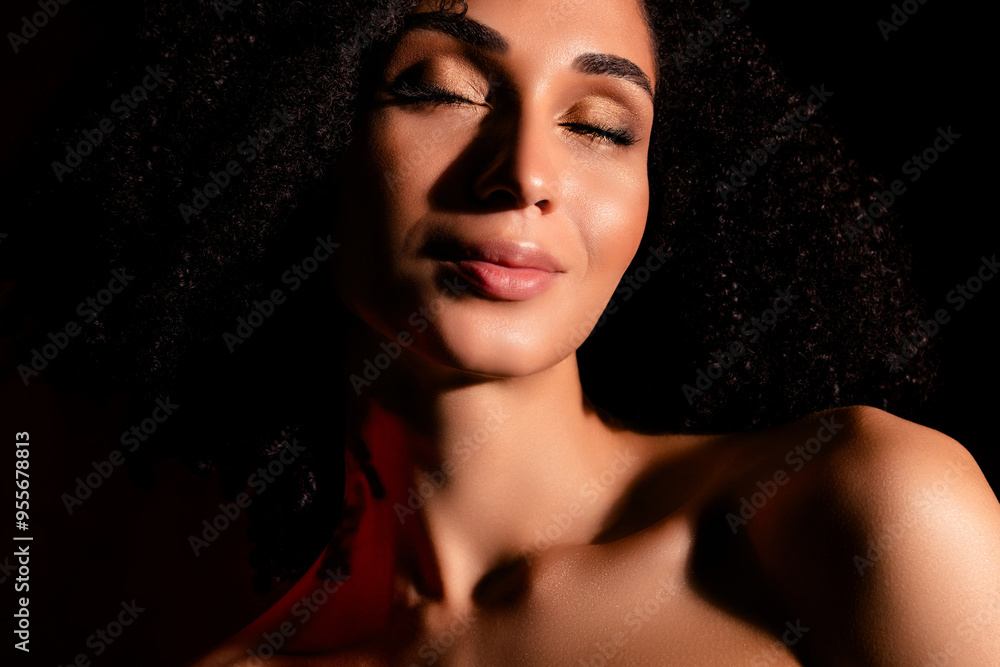 Photo of dreamy shiny woman naked shoulders enjoying self acceptance isolated concrete red color wall Photo of dreamy shiny woman naked shoulders enjoying self acceptance isolated concrete red color wall