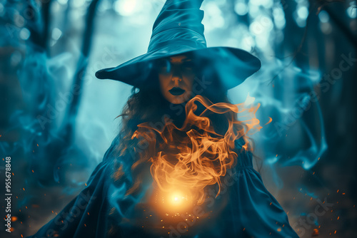 A witch in a dark cloak stands in a mystical forest surrounded by swirling blue smoke and vibrant flames. The atmosphere is filled with magic as twilight descends photo