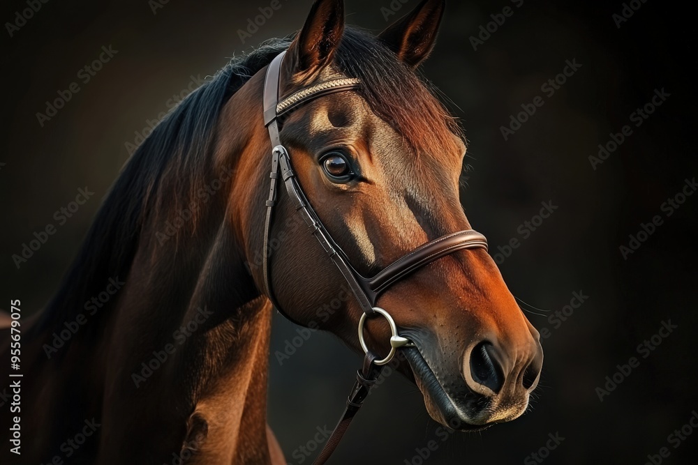 Bridle. Portrait of a Beautiful Brown Horse in Bridle on Farm Bridle. Portrait of a Beautiful Brown Horse in Bridle on Farm