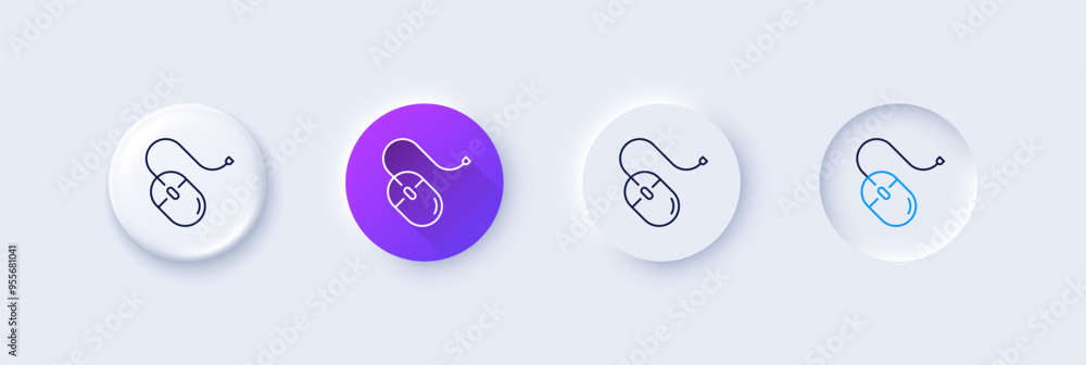 Mouse line icon. Neumorphic, Purple gradient, 3d pin buttons. Computer component device sign. Line icons. Neumorphic buttons with outline signs. Vector Mouse line icon. Neumorphic, Purple gradient, 3d pin buttons. Computer component device sign. Line icons. Neumorphic buttons with outline signs. Vector