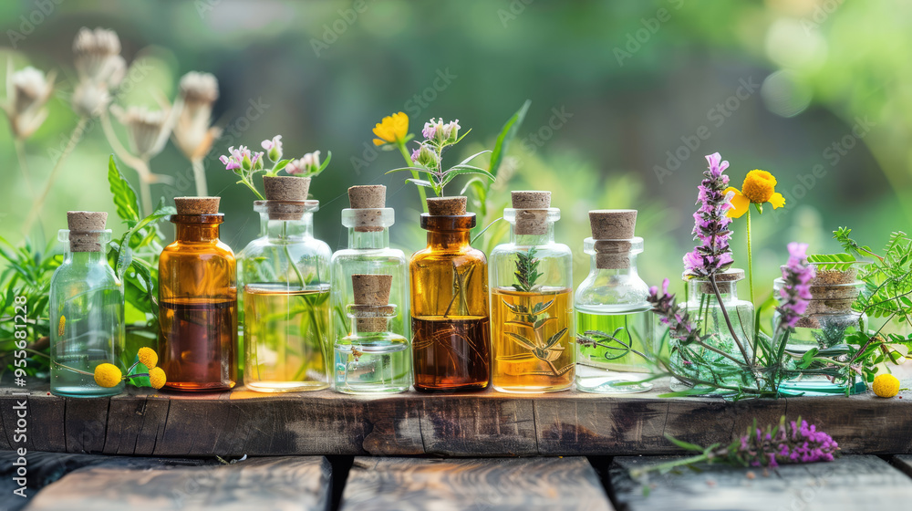 Bottles of essential oil surrounded by medicinal herbs on rustic wood Bottles of essential oil surrounded by medicinal herbs on rustic wood