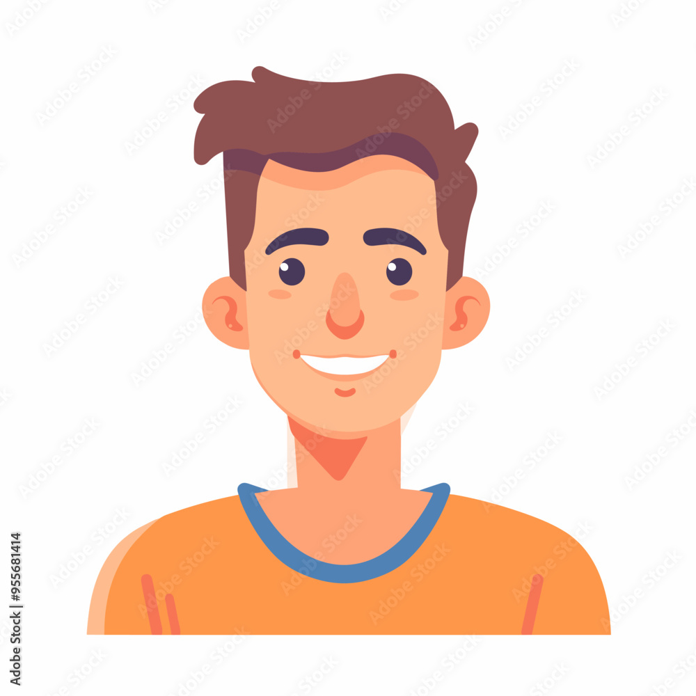 A smiling young man with a blue shirt and orange shirt. He is smiling and looking at the camera A smiling young man with a blue shirt and orange shirt. He is smiling and looking at the camera
