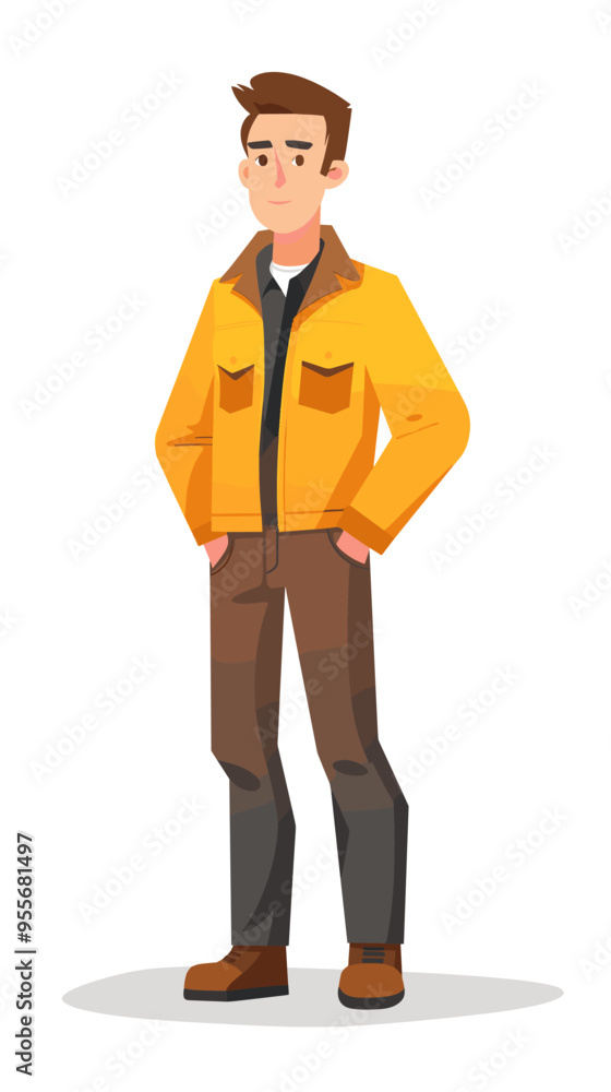 A man in a yellow jacket stands with his hands on his hips. He looks serious and focused A man in a yellow jacket stands with his hands on his hips. He looks serious and focused