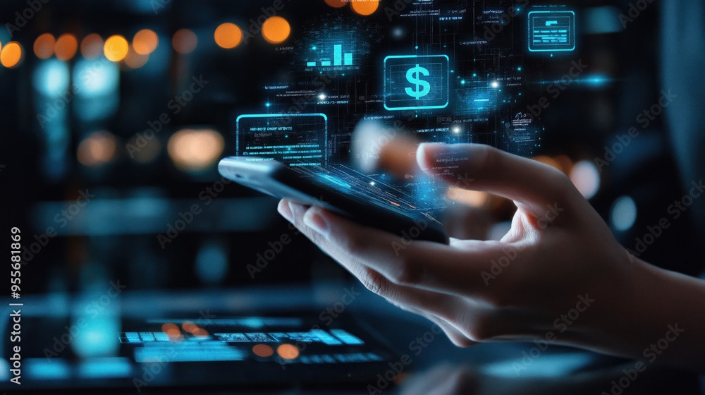 mobile banking & digital financial services concept, person using smartphone centered holographic currency, banking, money transfer icons, integration of technology in modern financial world mobile banking & digital financial services concept, person using smartphone centered holographic currency, banking, money transfer icons, integration of technology in modern financial world