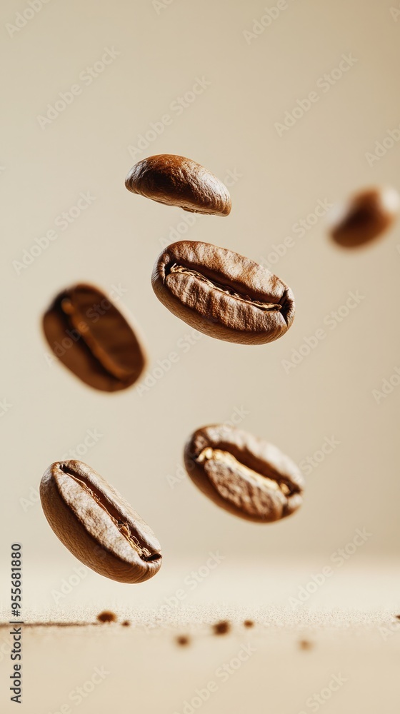 Coffee beans levitating in the air on a light background Coffee beans levitating in the air on a light background