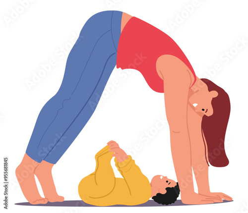 Mother doing yoga exercises while playing with her baby. Mom is in yoga pose, and the baby is on the floor