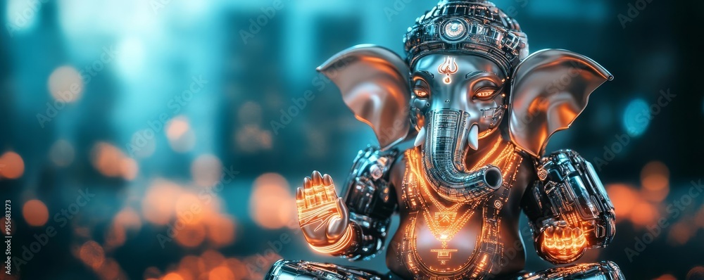 Futuristic Ganesha with chrome plating, glowing circuits, and robotic limbs, set in a high-tech background Futuristic Ganesha with chrome plating, glowing circuits, and robotic limbs, set in a high-tech background