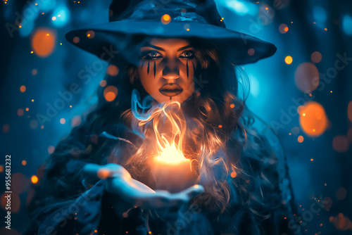 Under the eerie glow of the moon, a witch in a dark cloak holds a flickering flame in her hand, surrounded by an enchanted forest filled with magical lights