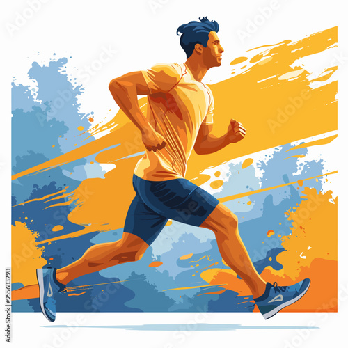 A man is running in a painting with a splash of color. The painting has a vibrant and energetic mood, conveying the idea of an active and healthy lifestyle