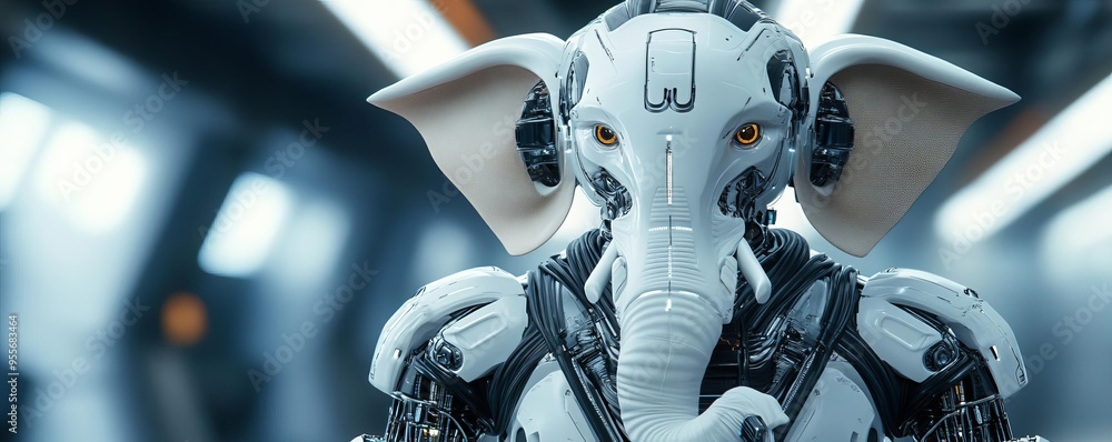 Fototapeta premium Ganesha in a futuristic setting, with robotic limbs and a mechanical trunk, cybernetic deity