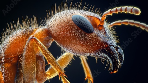 A macro shot details the exoskeleton of an ant, a complex piece of nature. Ants in unique detail and patterns.