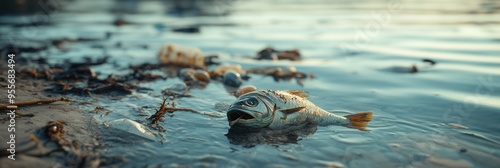 A dead fish lies on the shore surrounded by floating plastic and oil spills, emphasizing the environmental impact on coral reefs. Generative AI photo