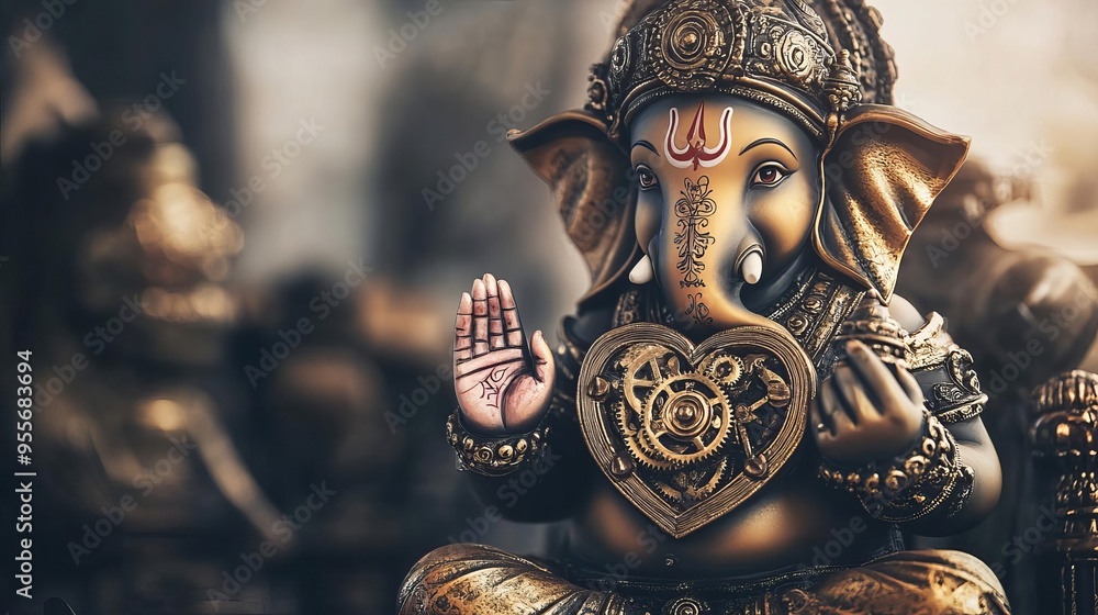 Obraz premium Ganesha with a clockwork heart, gears and cogs, steampunk design, set in an antique workshop