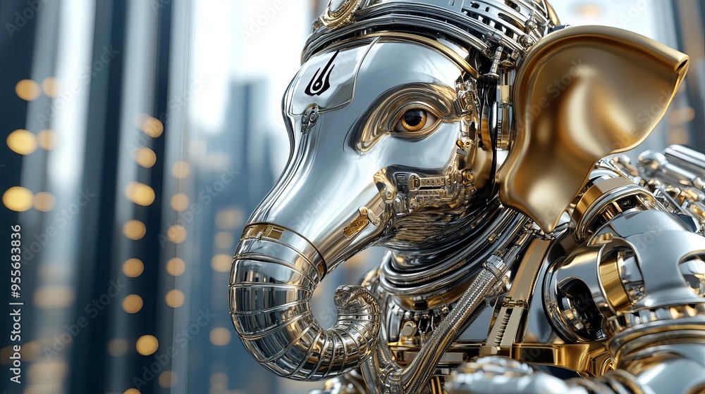 Obraz premium Ganesha with a mechanical elephant face, chrome and brass elements, set in a high-tech cityscape