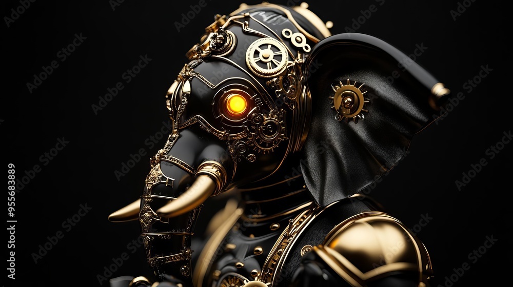Ganesha with a mechanical elephant head, brass gears, steampunk armor, and glowing eyes Ganesha with a mechanical elephant head, brass gears, steampunk armor, and glowing eyes