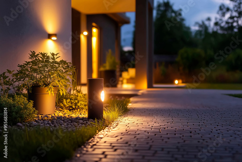 Garden path illuminated by outdoor lights at dusk.