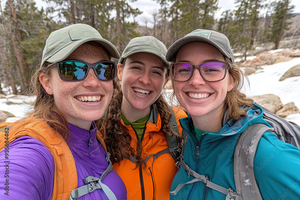 Three women wearing hats, sunglasses and jackets smile as they pose for a selfie during a winter hike. Generated with AI. Three women wearing hats, sunglasses and jackets smile as they pose for a selfie during a winter hike. Generated with AI.