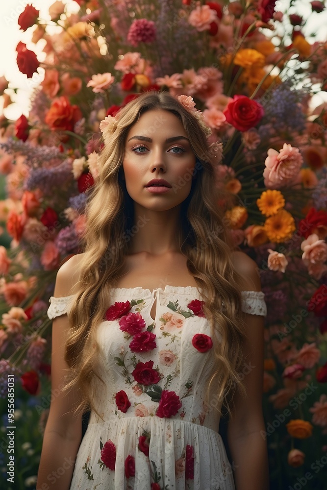 Portrait of a blonde against the background of bright flower buds in a botanical garden. Blonde woman in white dress with floral pattern Portrait of a blonde against the background of bright flower buds in a botanical garden. Blonde woman in white dress with floral pattern