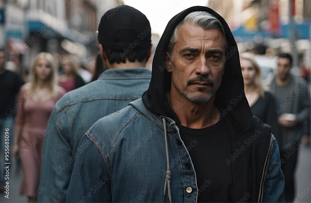 Handsome middle aged man smiling at the camera while walking in a busy street. Crowd of sad, tired people in outerwear on street, an adult man standing and looking at camera Handsome middle aged man smiling at the camera while walking in a busy street. Crowd of sad, tired people in outerwear on street, an adult man standing and looking at camera